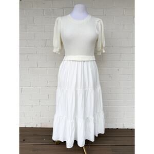 La February White Knit Bodice Tiered Midi Dress Puff Sleeve Cottagecore Small